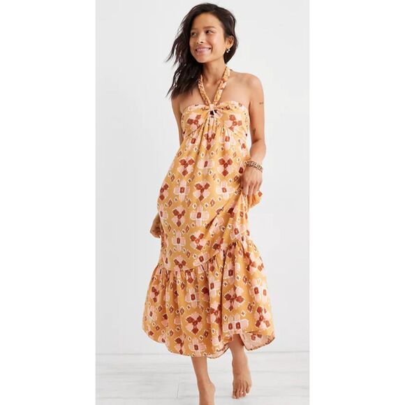 Aerie Orange Printed Maxi Dress Size Large